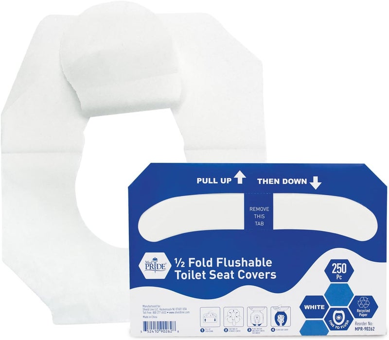 Medpride Eco-Friendly Bathroom Protector Sheets - Septic Safe-Disposable Toilet Seat Covers [Pack of 250] - Flushable Toilet Seat Covers For Travel & Public Restrooms- White half-fold liners - Image 1